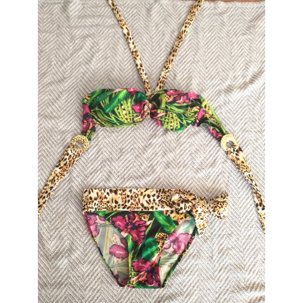 DISCOUNT SHIP! Leopard & Tropical Print Bandeau Bikini, sz Medium
